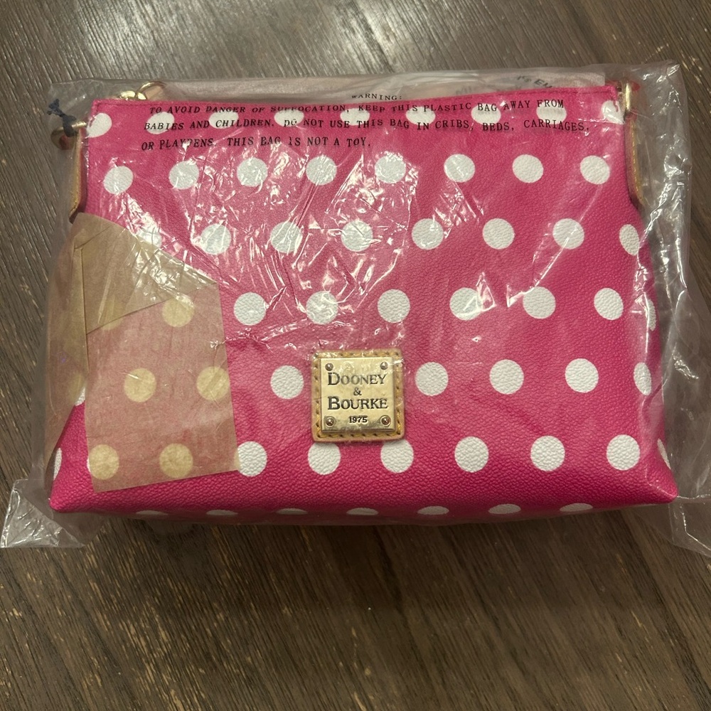 Dooney & Bourke Fuchsia and White Polka Dot Crossbody Pouchette Bag Leather Trim